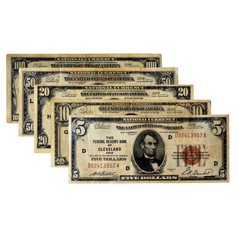 Complete Set - 1929 Federal Reserve Notes $5 $10 $20 $50 $100 F+
