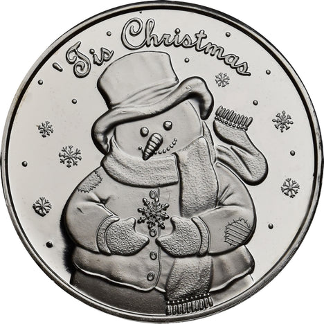 1 Ounce Silvertowne Mint .999 Silver Snowman Tis Christmas Snowflake